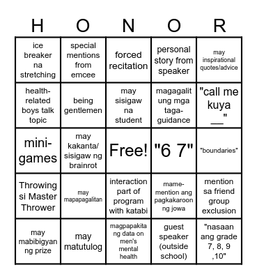 Mental Health Awareness (boys talk) Bingo Card
