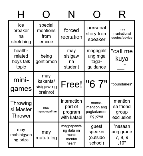 Mental Health Awareness (boys talk) Bingo Card
