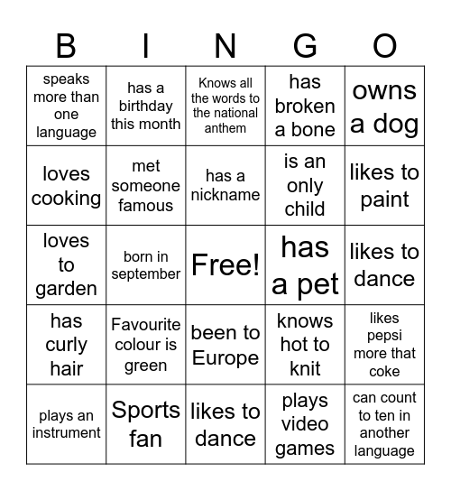 Mingle Bingo Card