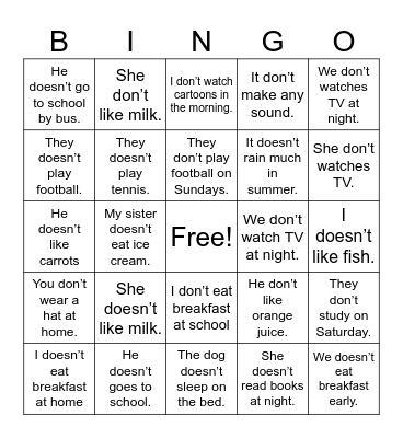 Present Simple tense Bingo Card