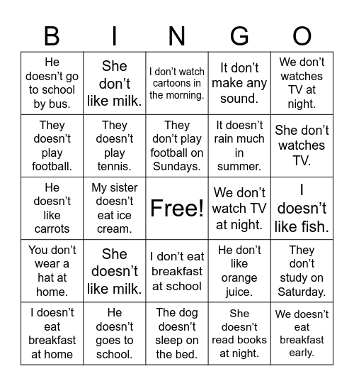 Present Simple tense Bingo Card