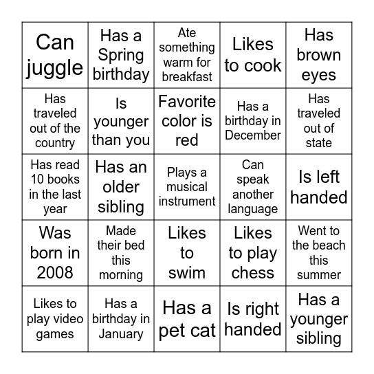 Getting to Know You Bingo Card