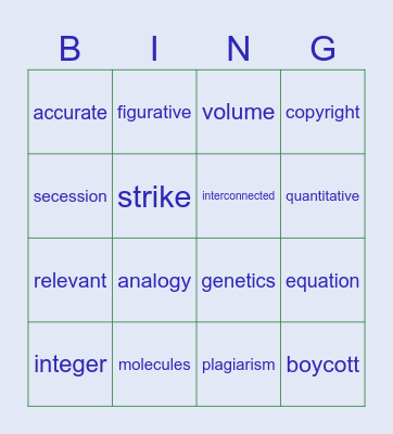 8th Grade Vocabulary Bingo Card