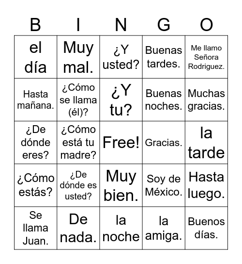 Spanish Lists 2A and 1B Bingo Card