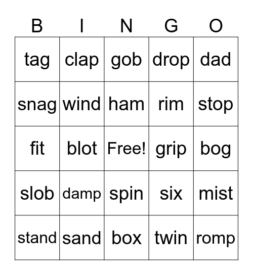 Short /a/, /i/, /o/ Bingo Card
