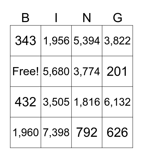 1 digit by 3 digit Bingo Card