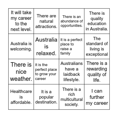 Why are you going to Australia? Bingo Card