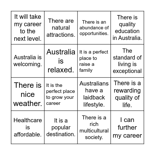 Why are you going to Australia? Bingo Card