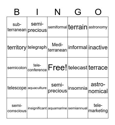 Vocabulary Bingo Card