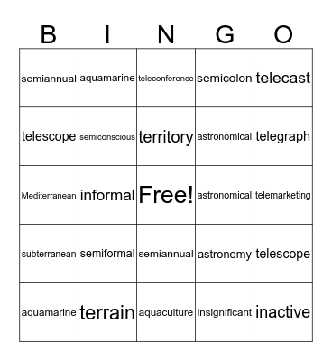 Vocabulary Bingo Card