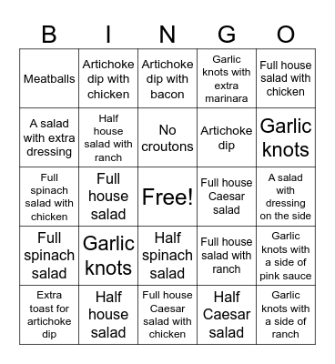 Salad/Appetizer Bingo Card