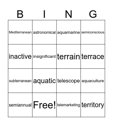 Vocabulary Bingo Card