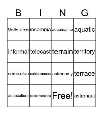 Vocabulary Bingo Card