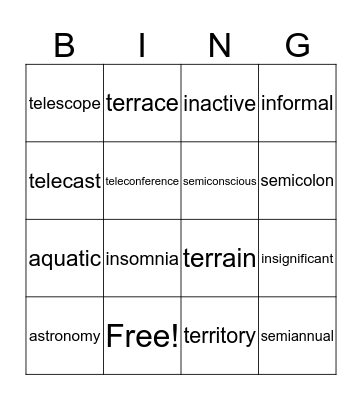 Vocabulary Bingo Card