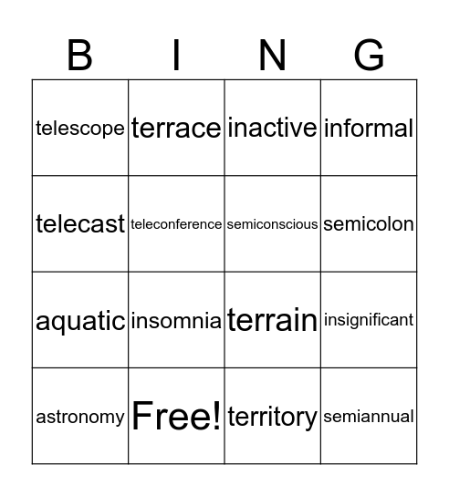 Vocabulary Bingo Card