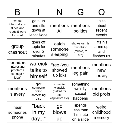 WARWICK BINGO 🗣️👹🎉💯 Bingo Card