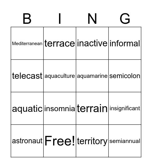 Vocabulary Bingo Card