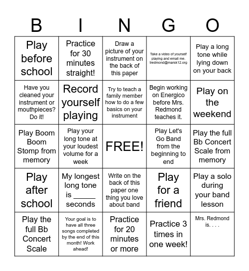 Band Practice Bingo - October Bingo Card