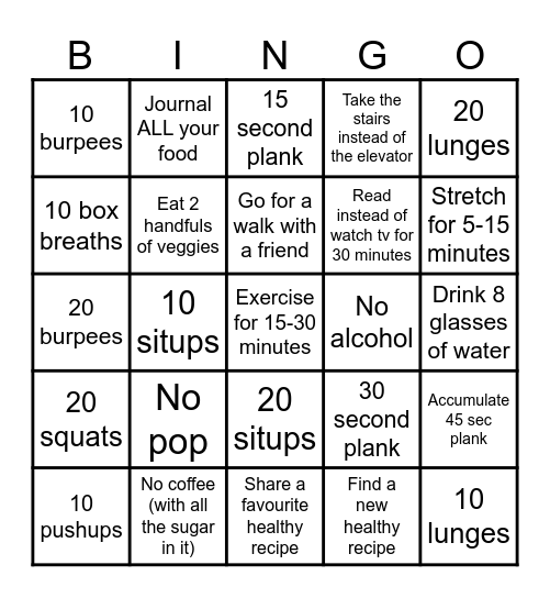 Wellness Challenge Bingo Card