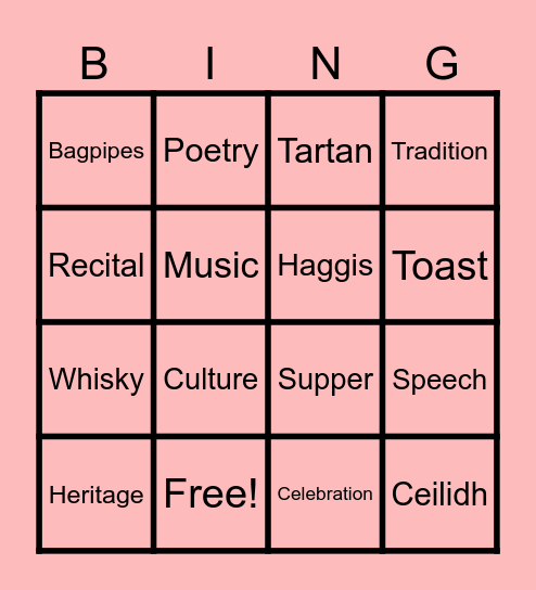 Burns Night Bingo Card