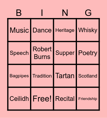 Burns Night Bingo Card