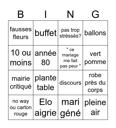 4 mariages Bingo Card