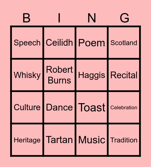 Burns Night Bingo Card