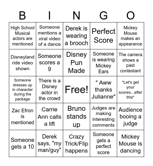 Disney Night on Dancing With The Stars Bingo Card