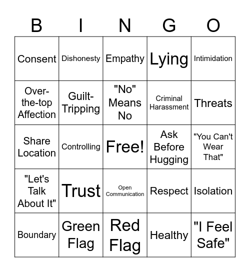 Healthy Relationships Bingo Card