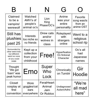 Adult Weird Kid Bingo Card