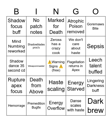 Sub rogue alpha Bingo Card