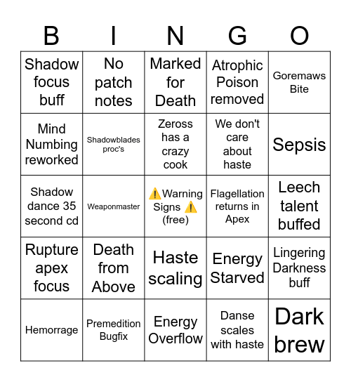 Sub rogue alpha Bingo Card