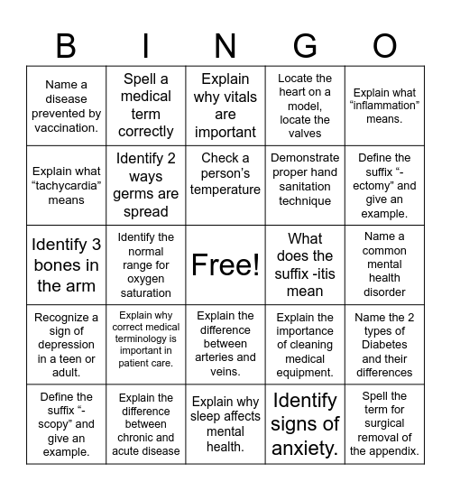 Gallatin College Allied Health Bingo Card