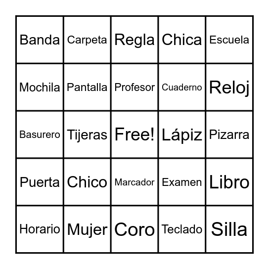 Spanish Vocab Bingo Card