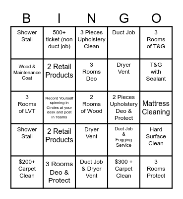 Stanley Steemer Residential Jobs Bingo Card