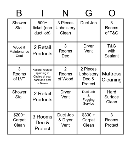 Stanley Steemer Residential Jobs Bingo Card