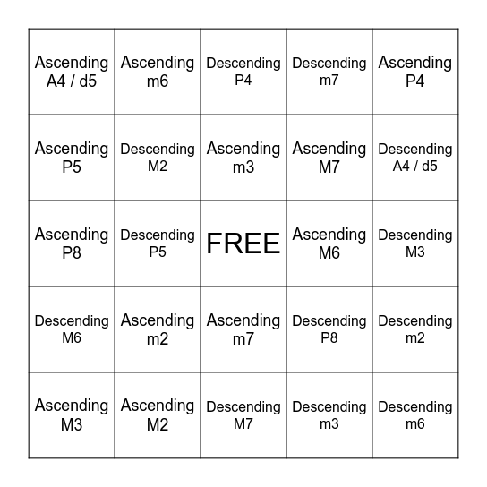 INTERVAL BINGO Card