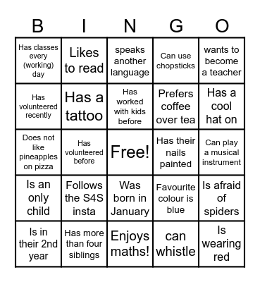 Students4Students Bingo Card