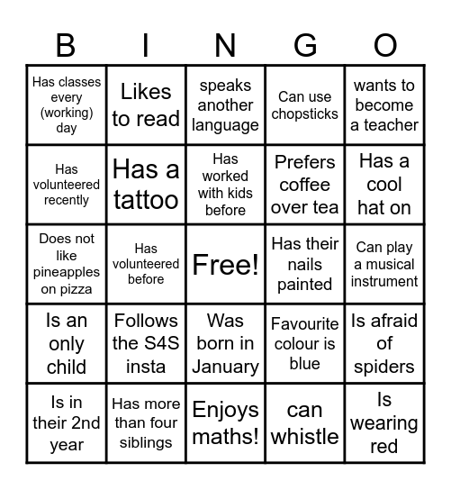 Students4Students Bingo Card
