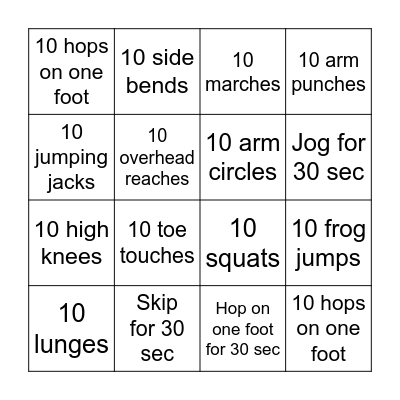 Exercise Bingo Card