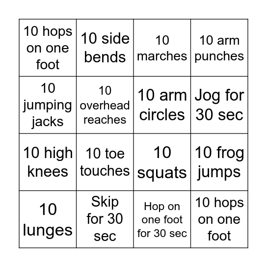 Exercise Bingo Card