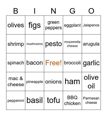Pizza Topping Bingo Card