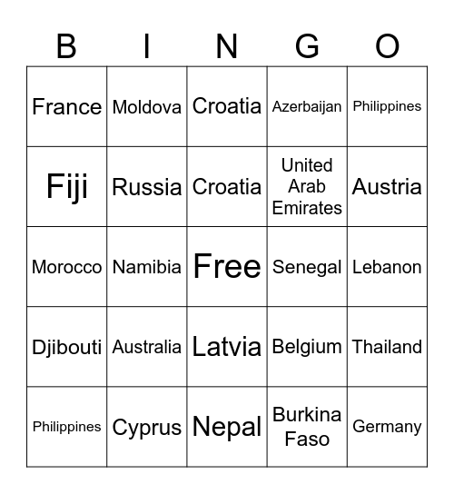 Foreign Service Community Night Bingo Card