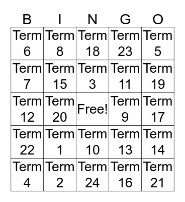 Vocabulary Bingo  Bingo Card