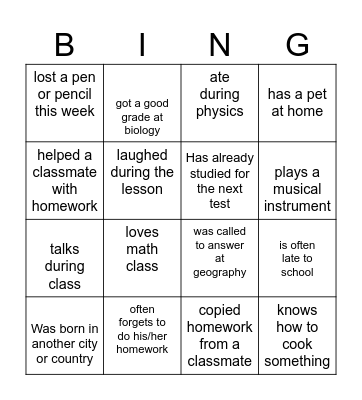 School life (find someone who...) Bingo Card