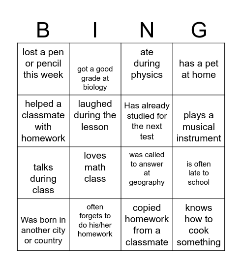 School life (find someone who...) Bingo Card