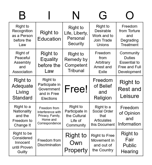 Declaration of Human Rights BINGO Card