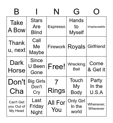 Female Pop Bingo Card