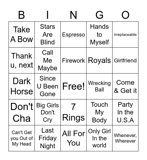 Female Pop Bingo Card