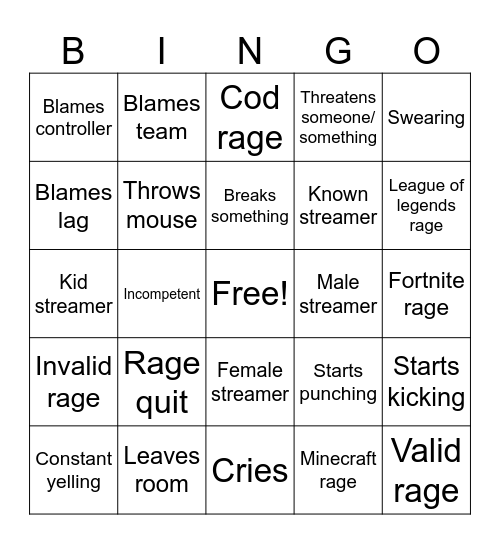 Gamer rage Bingo Card